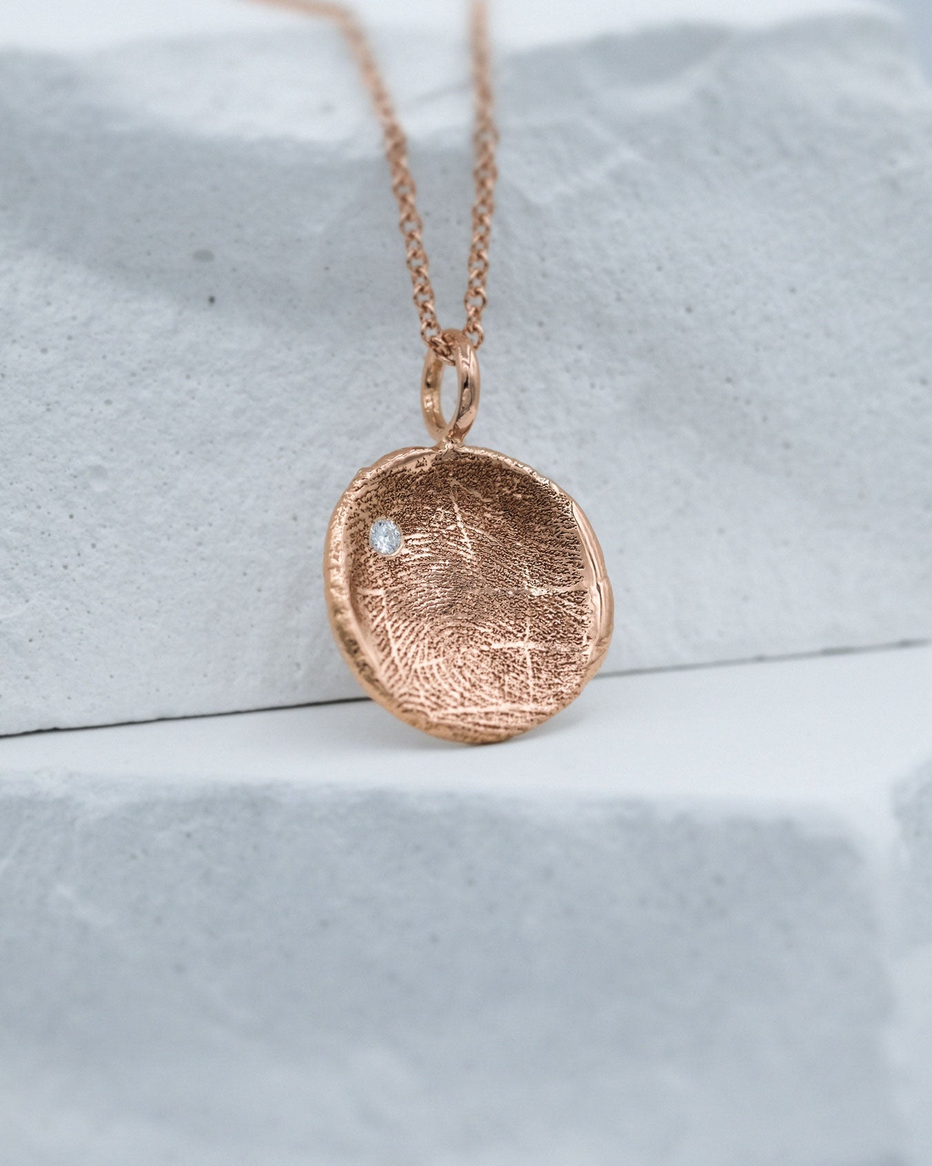 Fingerprint Necklace in solid gold on 1.5mm chain with a diamond