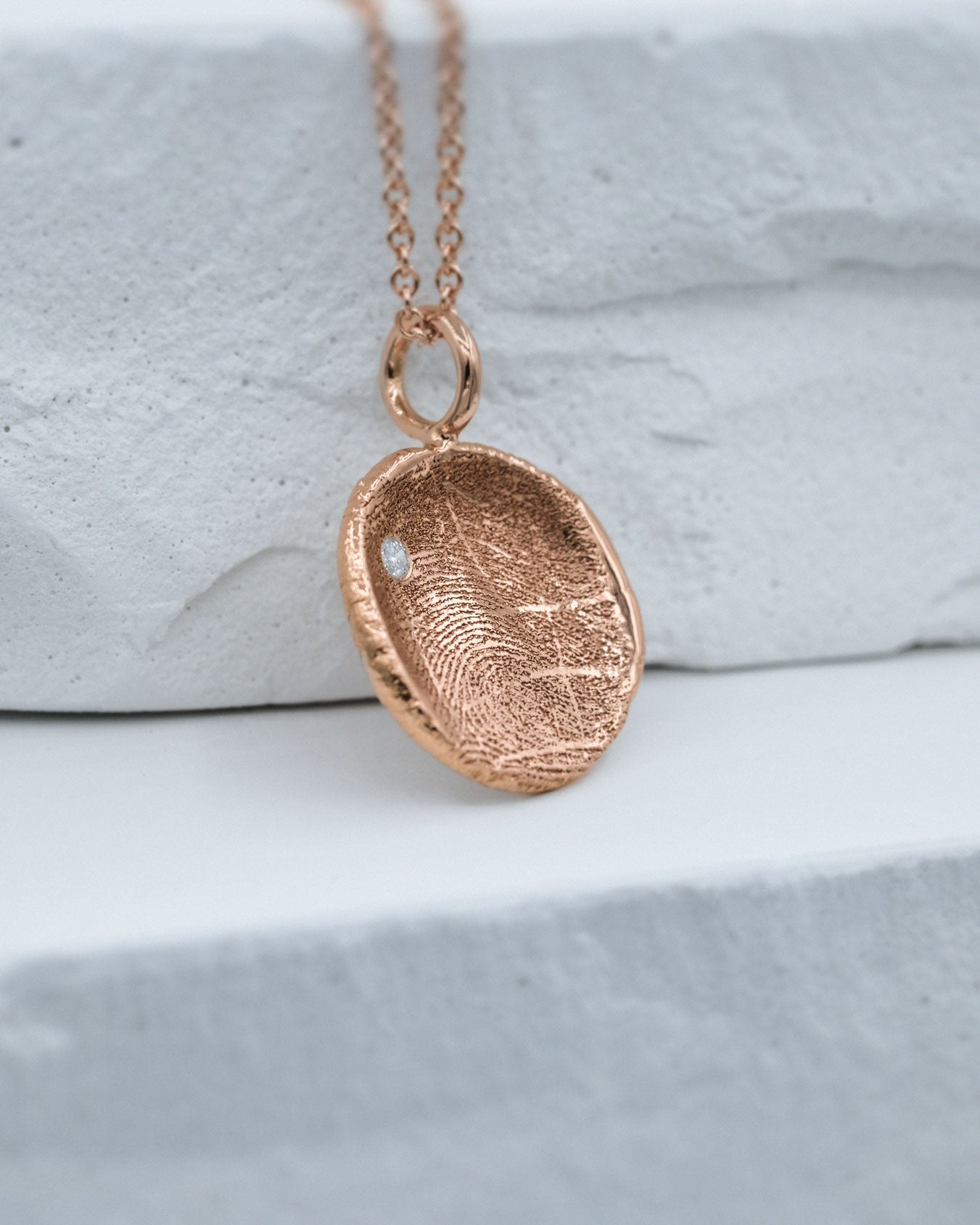 Fingerprint Necklace in solid gold on 1.5mm chain with a diamond